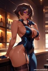 ai_generated balecxi bare_shoulders blue_gloves cleavage dark-skinned_female dress earrings female garter_straps half_gloves jewelry karma_(league_of_legends) large_breasts league_of_legends looking_at_viewer makeup patreon_username purple_eyes short_hair side_slit sideboob solo thighhighs thighs