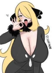 1girls artist_signature big_breasts blonde_hair blush cleavage cynthia_(pokemon) fellatio_gesture fur_trim gigantic_breasts grey_eyes hair_over_one_eye half-closed_eyes huge_breasts long_hair milf nipple_bulge pokemon pokemon_dppt sagging_breasts squishcap_(artist) suggestive suggestive_pose tongue tongue_out