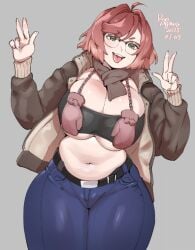 1girls big_breasts glasses original pale-skinned_female peace_sign ryo_agawa thick_thighs