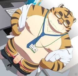 2025 absurd_res anthro belly blush bottomwear bottomwear_down clothed clothing computer electronics erection eyewear felid genitals glasses hi_res kemono male mammal moobs navel nipples open_clothing open_shirt open_topwear overweight overweight_male pantherine pants pants_down partially_clothed penis penta002 shirt solo tiger topwear underwear underwear_down undressing