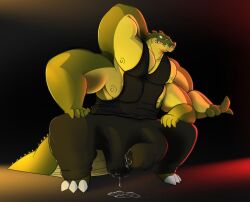 anthro beckoning big_bulge big_penis bodily_fluids bottomwear bulge claws clothing crocodile crocodilian crouching diphallia diphallism excessive_genital_fluids excessive_precum genital_fluids genitals gesture glowing glowing_eyes hi_res huge_bulge huge_cock hyper hyper_genitalia hyper_penis leaking_precum leaning leaning_forward looking_at_viewer male max_(maxmulticroc) maxmulticroc multi_arm multi_genitalia multi_limb multi_pec multi_penis muscular muscular_male nipples pants pecs penis precum precum_through_clothing reptile scalie shirt smile smiling_at_viewer solo sweatpants tail tank_top thick_tail toe_claws topwear wet wet_clothing