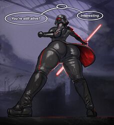 1girls 2d ass ass_focus big_ass big_breasts big_butt black_clothing boots borisalien breasts bubble_butt butt clothed clothing dark_clothing dat_ass dialogue double_bladed_lightsaber edit english_text female female_only gloves helmet human human_only inquisitor_(star_wars) jedi:_fallen_order lightsaber rain red_lightsaber second_sister skirt solo solo_female star_wars tagme thick_ass thick_thighs thigh_boots trilla_suduri