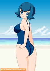 1girls aged_up alternate_breast_size ass back beach blue_background blue_eyes blue_hair breasts clouds day female female_only freckles human_female human_only lana_(pokemon) large_breasts looking_at_viewer looking_back looking_over_shoulder mob_face nintendo one-piece_swimsuit open_mouth outdoors outside patreon pervyangel pokemon pokemon_sm pose school_swimsuit short_hair sideboob sky solo standing swimsuit text thick_thighs tongue url water watermark wide_hips