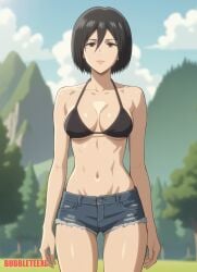 1girls ai_generated attack_on_titan bikini_top black_hair breasts bubbleteexl denim_shorts female_focus mikasa_ackerman shingeki_no_kyojin short_hair smiling