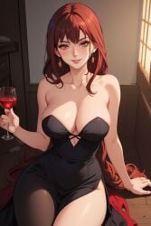 1girls ai_generated big_breasts black_dress braided_hair chainsaw_man cleavage dh_lucky eyes golden_eyes makima_(chainsaw_man) red_hair smile solo solo_female strapless wine wine_glass