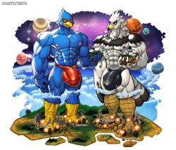 abs anthro avian bird blue_body blue_feathers braided_pseudo_hair breath_of_the_wild bulge city clothing death death_count destruction duo explosion falco_lombardi feathers genital_outline green_eyes hi_res macro male muscular muscular_male nintendo pecs planet rito speedo star_fox swimwear teba_(tloz) the_legend_of_zelda white_body white_feathers wolfmalro yellow_eyes