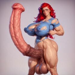 , abs, ai_generated big_balls, big_boobs, blue_eyes, erect, futanari, highres, horsecock, horsecock_futanari, hyper_penis, massive_penis, puffy_nipples, red_hair, ripped_clothing, sagging_balls, sweaty, thick_thighs, veiny_penis woman,