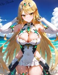 ai_generated ass blonde_female blonde_hair bodysuit female female_focus female_only hikari_(xenoblade_2) huge_ass huge_breasts large large_breasts long_hair mythra_(xenoblade) thicc_thighs xenoblade_(series) xenoblade_chronicles_2 yellow_eyes