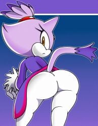 accurate_art_style anthro artstyle_imitation ass big_butt blaze_the_cat clothed clothing domestic_cat felid feline felis female fur gloves handwear hi_res looking_back mammal pants purple_body purple_fur sega simple_background solo solo_anthro solo_female solo_focus sonic sonic_(series) sonic_rush sonic_the_hedgehog_(series) sweater topwear vilepluff white_body white_clothing white_fur white_gloves white_handwear