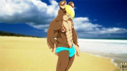 2012 abs anthro beach black_nose blonde_hair blue_clothing blue_speedo blue_swimwear brown_body brown_fur bulge button_ears closed_eyes closed_smile clothed clothing cloud day digital_drawing_(artwork) digital_media_(artwork) fabfelipe floppy_ears fur hair hair_over_eye lagomorph leporid male mammal markings mouth_closed muscular muscular_anthro muscular_male navel nipples outside pink_nipples portrait rabbit rabbit_ears sand scut_tail seaside short_tail sky smile solo speedo speedo_only spots spotted_body spotted_fur standing swimwear tail three-quarter_portrait topless