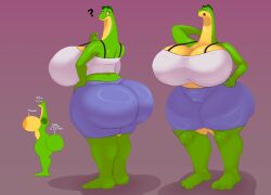 absurd_res alligator alligatorid anthro areola ass barefoot big_breasts big_butt black_bra black_clothing black_underwear blue_bottomwear blue_clothing blue_shorts bottomwear bra breasts camel_toe clothed clothing countershading crocodilian dotty_(shannonrat) feet female green_body green_scales green_skin hi_res huge_breasts huge_butt larger_female nipple_outline nipples orange_areola orange_nipples question_mark reptile scales scalie shannon_rat shirt shorts size_difference solo thick_thighs topwear underwear white_clothing white_shirt white_topwear yellow_body yellow_countershading yellow_scales yellow_skin