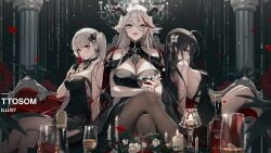 aegir_(azur_lane) big_breasts black_dress breasts champagne cleavage dress drunk formidable_(azur_lane) grey_hair horns multiple_girls pantyhose party skimpy skimpy_clothes stockings taihou_(azur_lane)