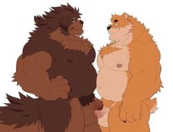 2boys animal_ears arashi_takemoto bara bear_boy bear_ears bear_tail belly brown_fur chest_fur claws closed_mouth dog_boy dog_ears dog_nose dog_tail english_commentary flaccid foreskin furry furry_male hand_on_own_hip highres kumamoto_(takemoto) looking_at_viewer male_focus multiple_boys muscular muscular_male navel nipples nude orange_fur original pectorals penis plump smile tail testicles white_background