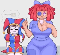 2d 2girls big_breasts blush brown_hair cleavage cute doll female_only glitch_productions gooseworx jester pomni_(the_amazing_digital_circus) ragatha_(the_amazing_digital_circus) red_hair sewing sfw size_difference sketchfins tagme the_amazing_digital_circus thick_thighs wario wide_hips