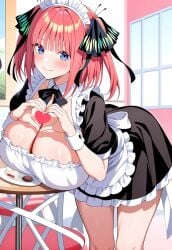 ai_generated artist_request blue_eyes blush gigantic_breasts go-toubun_no_hanayome hair_ornament heart_gesture huge_breasts light-skinned_female light_skin looking_at_viewer maid_outfit maid_uniform massive_breasts medium_hair nakano_nino pink_hair smiling solo_female squatting sweat sweatdrop thick_body thick_female voluptuous voluptuous_female