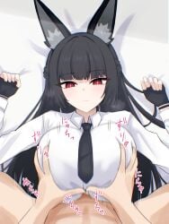 1boy absurdres acht_ao animal_ear_fluff animal_ears black_gloves black_hair black_necktie blunt_bangs blush closed_mouth clothed_female_nude_male collared_shirt female fingerless_gloves fox_ears fox_girl gloves grabbing_another's_breast groping highres hoshimi_miyabi long_hair long_sleeves lying motion_blur motion_lines necktie nude on_back paizuri paizuri_under_clothes pov pov_crotch pov_hands red_eyes shirt sidelocks slit_pupils solo_focus straddling_paizuri straight white_shirt zenless_zone_zero