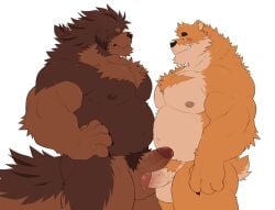 2boys animal_ears arashi_takemoto bara bear_boy bear_ears bear_tail belly blush brown_fur chest_fur claws closed_mouth dog_boy dog_ears dog_nose dog_tail english_commentary erection facing_another furry furry_male hand_on_own_hip highres kumamoto_(takemoto) looking_at_penis male_focus multiple_boys muscular muscular_male navel nipples nude orange_fur original pectorals penis plump precum smile tail testicles white_background