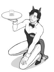 bare_thighs black_and_white black_hair blush bowtie bunnysuit cuffs_(clothing) facial_hair heels horse_ears horse_tail kneeling long_hair male_only seong_gi-hun squid_game sweatdrop waiter