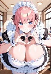 ai_generated artist_request blue_eyes blush gigantic_breasts go-toubun_no_hanayome heart_gesture huge_breasts light-skinned_female light_skin looking_at_viewer maid_outfit maid_uniform massive_breasts nakano_ichika pink_hair short_hair smiling solo_female squatting sweat sweatdrop thick_body thick_female voluptuous voluptuous_female