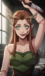 1girls ai_generated antlers ass bigmic145 blood breasts brown_hair cleavage critical_role critical_role:_vox_machina curvy doll doll_joints dress elf elf_ears female female_only freckles green_eyes horror keyleth knife long_hair pointy_ears the_legend_of_vox_machina yandere