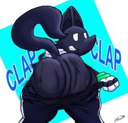 apid_(zguy_101) apid_(zonoch_dood) ass_focus big_ass black_fur chonzo clapping_cheeks female female_only fingerless_gloves furry mooning no_underwear pulled_down_pants simple_background smiling sweatpants sweaty_butt tail twerking wolf wolf_ears wolf_girl zguy_101 zonoch_dood