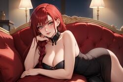 1girls ai_generated big_breasts black_dress braided_hair chainsaw_man cleavage couch dh_lucky eyes golden_eyes lying makima_(chainsaw_man) red_hair smile sofa solo solo_female strapless wine wine_glass