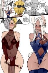 2girls blonde_hair blush breasts bunny_ears bunny_girl dark-skinned_female english english_text large_breasts leotard light-skinned_female miruko multiple_boys my_hero_academia narrow_waist navel pelvic_curtain ratatatat74 rumi_usagiyama ryuukyuu tatsuma_ryuuko translucent_clothing white_hair wide_hips