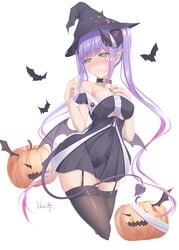 1girls absurdres alternate_breast_size bare_shoulders bat_wings bibi_(tokoyami_towa) black_dress black_headwear black_legwear blush breasts center_frills choker clothing_cutout contrapposto cropped_legs curled_horns demon_girl demon_horns demon_tail dress ear_piercing embarrassed female frills garter_straps green_eyes hair_in_mouth hair_ornament hairclip halloween hat highres holoforce hololive hololive_japan horn_piercing horns jack-o'-lantern large_breasts looking_at_viewer low_wings mini_hat multicolored_hair narrow_waist o-ring o-ring_choker piercing pleated_dress pointy_ears purple_hair short_dress sidelocks skin_tight solo solo_female spaghetti_strap strap_pull streaked_hair tail thighhighs tokoyami_towa tr24 twintails underboob_cutout undressing virtual_youtuber wide_hips wings witch_hat