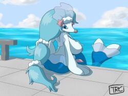 4:3 areola ass big_breasts blue_eyes blue_hair breasts digital_media_(artwork) female generation_7_pokemon hair long_hair looking_at_viewer nintendo nipples pink_nose pokemon pokemon_(species) primarina smile solo tongue tongue_out trcfan white_body white_skin