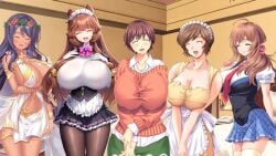 5girls abel_howlicia bed bed_sheet before_sex before_sixsome brown_hair closed_eyes clothed_female dark_blue_hair demigoddess edit edited_image female female_only fukunaga_koharu game_cg gigantic_breasts hotel hotel_room huge_breasts hyper_penis inami_mashiro madellie_parnepoli maid maid_headdress maid_uniform married_woman massive_breasts mature_female motto!_haramase!_honoo_no_oppai_isekai_oppai_maid_gakuen! motto!_haramase!_honoo_no_oppai_isekai_oppai_meido_gakuen! necktie nonomiya_momoko open_mouth orange_hair saimin_class school_uniform schoolgirl schoolgirl_uniform sex_open_world_e_youkoso! shimai_tsuma_3 smile smiley_face smiling teenage_girl wolf_girl