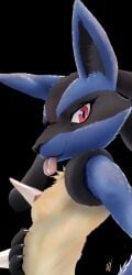 anthro black_body black_fur blue_body blue_fur breasts female fur generation_4_pokemon horn looking_at_viewer lucario nahadon nintendo pokemon pokemon_(species) red_eyes side_boob side_view small_breasts smile smiling_at_viewer smirk smirking_at_viewer solo tongue tongue_out yellow_body yellow_fur