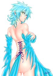 1girls areola_slip ass back blue_feathers blue_hair blue_wings breasts commentary corset_piercing feather_pasties feathered_wings feathers hair_between_eyes harpy highres large_breasts long_hair looking_back maria_(zippedsquire) monster_girl nude open_mouth original piercing sideboob simple_background solo white_background winged_arms wings yellow_eyes zippedsquire