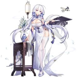 azur_lane big_breasts breasts cleavage dress heels illustrious_(azur_lane) illustrious_(maiden_lily's_radiance)_(azur_lane) skimpy_clothes stockings white_hair