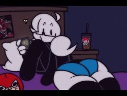 ? bite_of_87 black_hoodie black_stockings blue_shorts chilling confusion drink euthanasia_rabbit.mov glasses hoodie kiss_mark kiss_mark_on_photo laying_down laying_on_bed laying_on_stomach looking_at_viewer looking_back markiplier on_bed on_phone oswald_the_lucky_rabbit outfit_reference phone photo_(object) pillow plushie ponytail poster_(object) purple_bed_sheet self_upload soda soda_cup sohornyraccoon sona_(sohornyraccoon) stockings tagme watermark wednesday_infidelity white_body white_hair