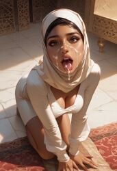 1girls ai_generated drooling female hijab kneeling praying solo tiled_floor