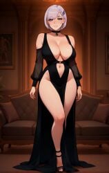 1girls ai_generated black_dress blue_eyes braid bright_pupils dress female female_human fringe green_eyes hair_ornament happy high_heels hololive hololive_indonesia hololive_indonesia_holoro hoop_earrings huge_breasts human large_ass large_breasts looking_at_viewer milf navel pavolia_reine pm_me_reine revealing_clothes short_hair silver_hair smile smiling thick thick_ass thick_thighs virtual_youtuber voluptuous white_hair wide_hips