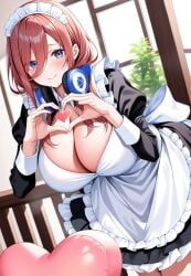 ai_generated artist_request bare_thighs blue_eyes blush gigantic_breasts go-toubun_no_hanayome headphones heart_gesture huge_breasts huge_thighs light-skinned_female light_skin long_hair looking_at_viewer maid_outfit maid_uniform massive_breasts nakano_miku red_hair smiling solo_female squatting sweat sweatdrop thick_body thick_female thick_thighs thighs voluptuous voluptuous_female