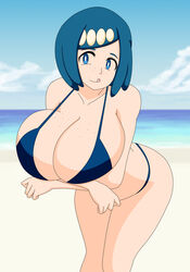 1girls alternate_breast_size alternate_outfit arms_under_breasts ass beach bent_over bikini blue_background blue_bikini blue_eyes blue_hair breasts bursting_breasts cleavage clouds day eye_contact female hair_ornament huge_breasts human human_only lana's_mother_(pokemon) long_hair looking_at_viewer milf mob_face mother nintendo outdoors pervyangel pokemon pokemon_sm ponytail pose sideboob sky smile solo standing thick_thighs tongue tongue_out water wide_hips