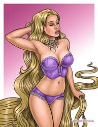 armpit blonde_hair bra disney female hand_behind_head large_breasts lingerie long_hair panties pronstarchampion rapunzel solo tangled text watermark