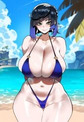 ai_generated arms_behind_back ass ass_focus bare_shoulders beach big_ass big_breasts big_butt big_hips big_thighs bikini black_hair blue_bikini blue_hair blush child_bearing_hips cleavage clothing curvy curvy_female curvy_figure dark_hair dijiai female female_only focus from_front_position front_view full_cleavage genshin_impact green_eyes highleg highleg_bikini hip_bones hips horny horny_female hourglass_figure huge_breasts human lagoon large_breasts large_hips light-skinned_female light_skin lips looking_at_viewer love_handles medium_hair navel oblique_edge ocean palm_tree pink_lips purple_hair sea short_hair shoulder_length_hair smiling standing thiccwithaq_(ai_style) thick thick_ass thick_butt thick_legs thick_stomach thick_thighs thighs two_tone_hair waves wide_hips yelan_(genshin_impact)