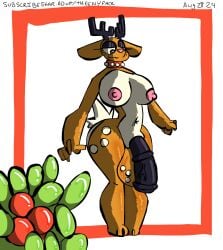 animal_genitalia animal_penis anthro antlers balls bedroom_eyes big_balls big_breasts big_penis breasts collar collar_only deer equine_genitalia equine_penis genitals gynomorph hi_res horn intersex mammal merriweather_(whisperfoot) narrowed_eyes new_world_deer nipples nude orange_body penis reindeer seductive solo standing theenyface