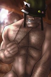 1boy 1male 1man bara fanart hairy_chest hikaruthewolf male_focus muscular naked naked_male no_pants simple_background soldier_(team_fortress_2) team_fortress_2