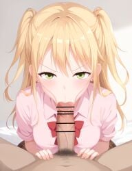 bar_censor blonde_hair blush breasts censored clothed_female_nude_male commentary_request completely_nude deepthroat earrings erection fellatio female green_eyes gyaru jewelry licking licking_penis long_hair looking_at_viewer male_pubic_hair medium_breasts mizuno-go nude open_mouth oral out_of_character penis penis_on_face pink_shirt pov pov_crotch pubic_hair school_uniform shirt skirt smegma smelling smelling_penis solo_focus straight sunken_cheeks veins veiny_penis