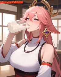 1girls ai_generated animal_ears artifical_art cum cum_in_mouth dripping_cum dripping_semen earrings fox_ears genshin_impact hair_ornament jewelry kitsune long_hair open_mouth perfect_body pink_hair purple_eyes semen semen_in_mouth yae_miko yae_miko_(genshin_impact)