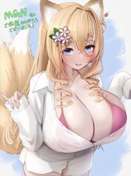 1girls bikini bikini_top blue_background blue_eyes blush blush breast_focus breasts breasts_bigger_than_head busty button_down_shirt buttons cleavage collarbone enormous_breasts female female_focus female_only flower_hair_ornament fox_ears fox_girl fox_tail gigantic_breasts hair_ornament huge_breasts japanese_text large_breasts looking_at_viewer massive_breasts metae multiple_tails open_mouth original original_character pink_bikini see-through see-through_clothing see-through_shirt shirt simple_background solo text thick_thighs top_heavy top_heavy_breasts voluptuous voluptuous_female