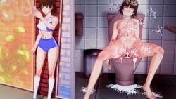 1girls 3d ahe_gao ahe_gao before_and_after brown_hair bukkake cum cum_in_mouth cum_in_pussy cum_on_breasts cum_on_face exhausted eyes_rolling_back feet female_only gym_uniform koikatsu leaking_cum light-skinned_female light_skin makoto_niijima nude nude_female persona persona_5 pink_nipples toilet