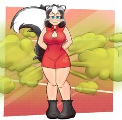 betty_(enderboss99) big_breasts boob_window fart fart_fetish hands_behind_back red_dress skunk skunk_ears skunk_girl thick_thighs