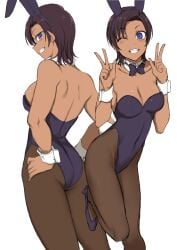 1girls aiue_oka animal_ears ass black_bow black_bowtie black_hair black_leotard black_pantyhose blue_eyes bow bowtie breasts character_request cleavage copyright_request dark-skinned_female dark_skin detached_collar double_v grin hands_on_own_hips highleg highleg_leotard highres hinata_sae leotard medium_breasts multiple_views pantyhose playboy_bunny rabbit_ears rabbit_tail short_hair smile strapless strapless_leotard tail v wrist_cuffs