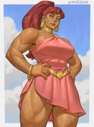 blue_eyes clothed dc dc_comics earrings female_only giantess giganta m4rjinn muscle muscle_girl muscles muscular muscular_female ponytail red_hair solo