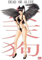 1girls alluring bare_legs big_breasts bikini black_hair black_wings dead_or_alive dead_or_alive_6 dead_or_alive_xtreme_venus_vacation grey_eyes nyotengu one-piece_bikini pin_up sandals sj tecmo wings